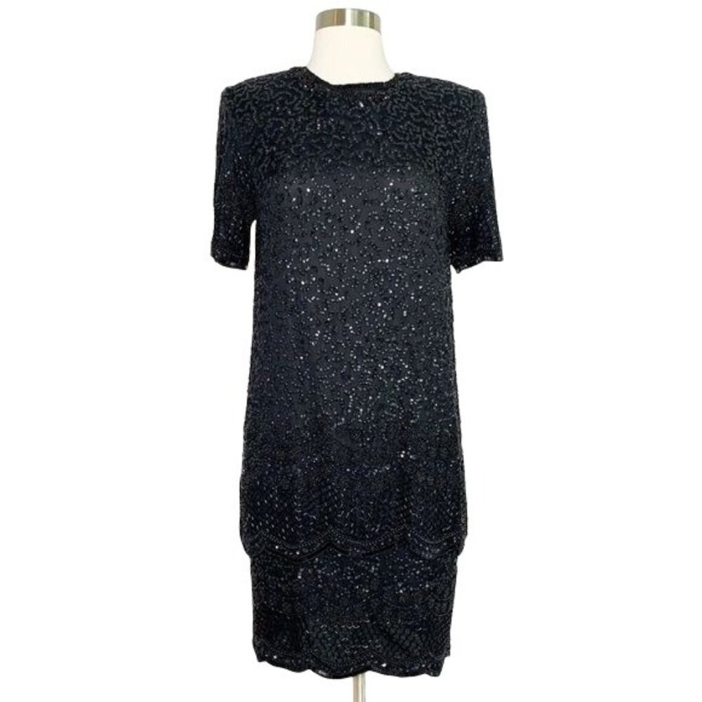 Vintage Brilliante Beaded Silk Dress Size Small Black Tiered Short Sleeve